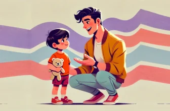 Ilustração de um pai de jaqueta amarela conversando com seu filho, que segura um ursinho de pelúcia, com fundo abstrato em tons de roxo e rosa.