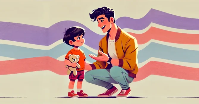 Ilustração de um pai de jaqueta amarela conversando com seu filho, que segura um ursinho de pelúcia, com fundo abstrato em tons de roxo e rosa.
