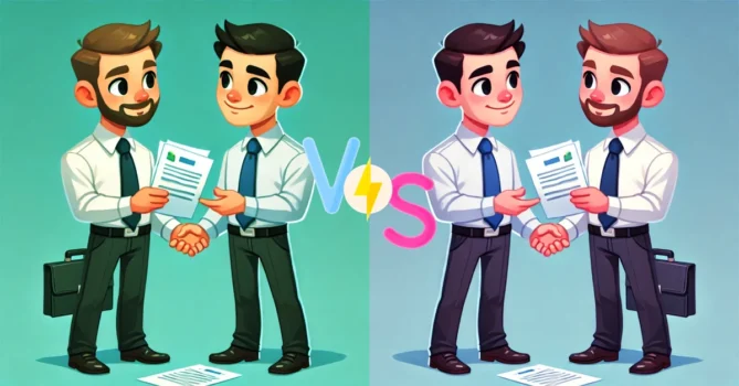 Ilustração de um trabalhador dividindo seu tempo entre duas empresas, com horários compatíveis e organização eficiente.